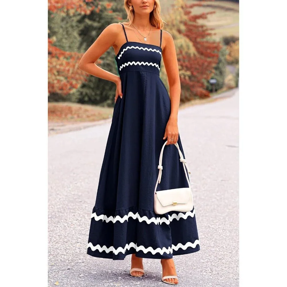 Women's Dark Blue Casual Sleeveless Spaghetti Strap Ruffle Beach Maxi Dress